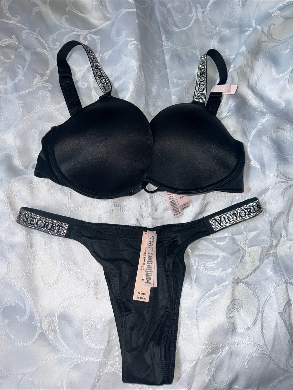 Victoria's Secret Black Rhinestone Strap Bra & Thong Set